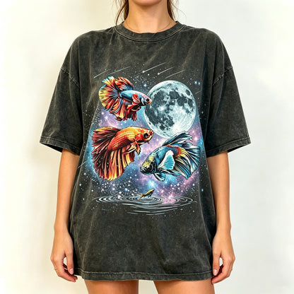 Moon Galaxy Betta Fish Watercolor Graphic Oversized Tee