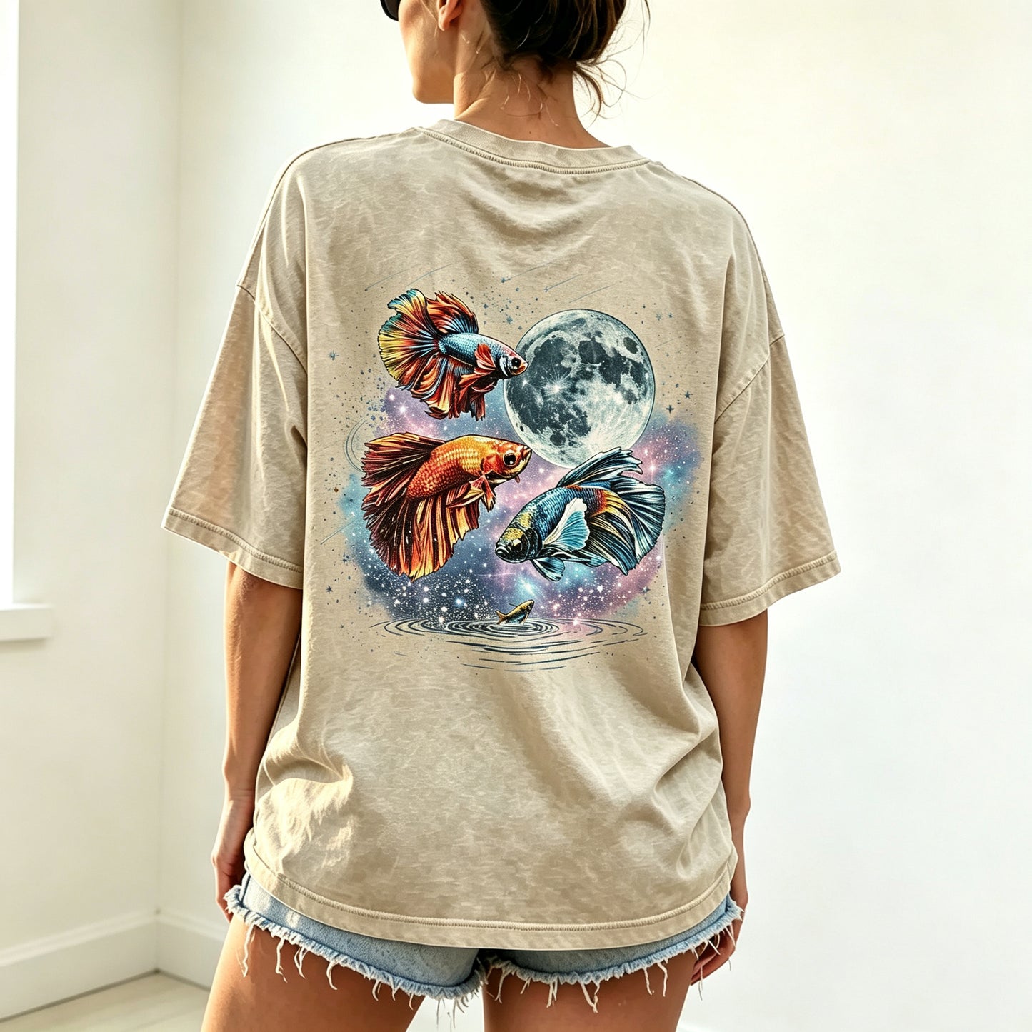 Moon Galaxy Watercolor Betta Fish Full Back Print Unisex Tee