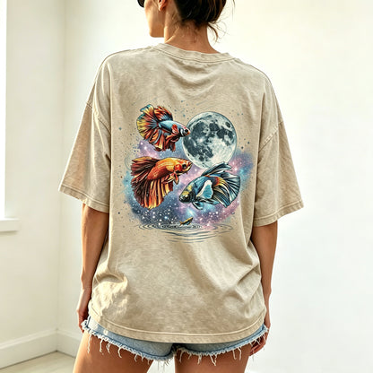 Moon Galaxy Watercolor Betta Fish Full Back Print Unisex Tee