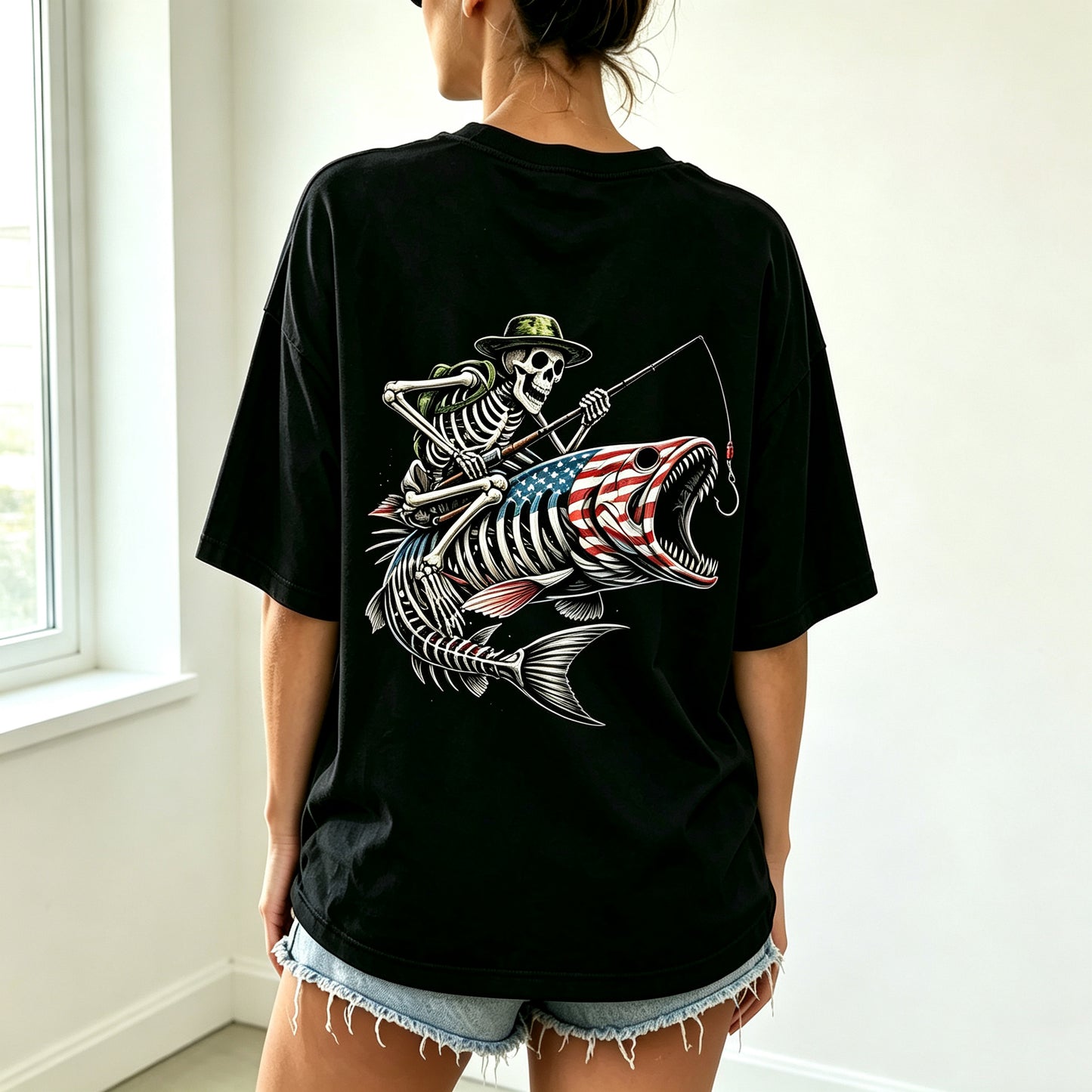 Patriotic Skeleton Fisherman Bass Fish Graphic Oversized T-Shirt