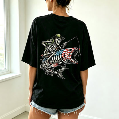 Patriotic Skeleton Fisherman Bass Fish Graphic Oversized T-Shirt