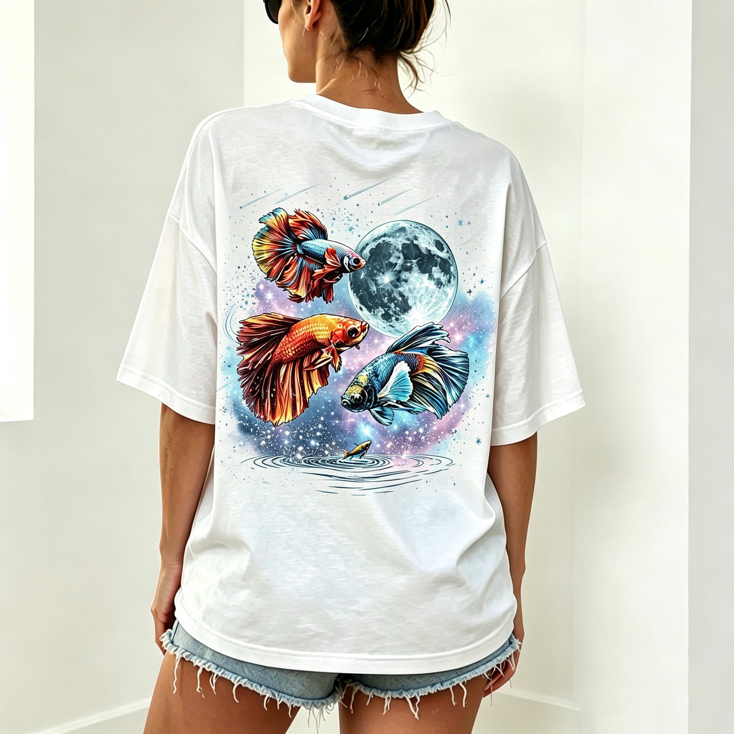 Moon Galaxy Watercolor Betta Fish Full Back Print Unisex Tee
