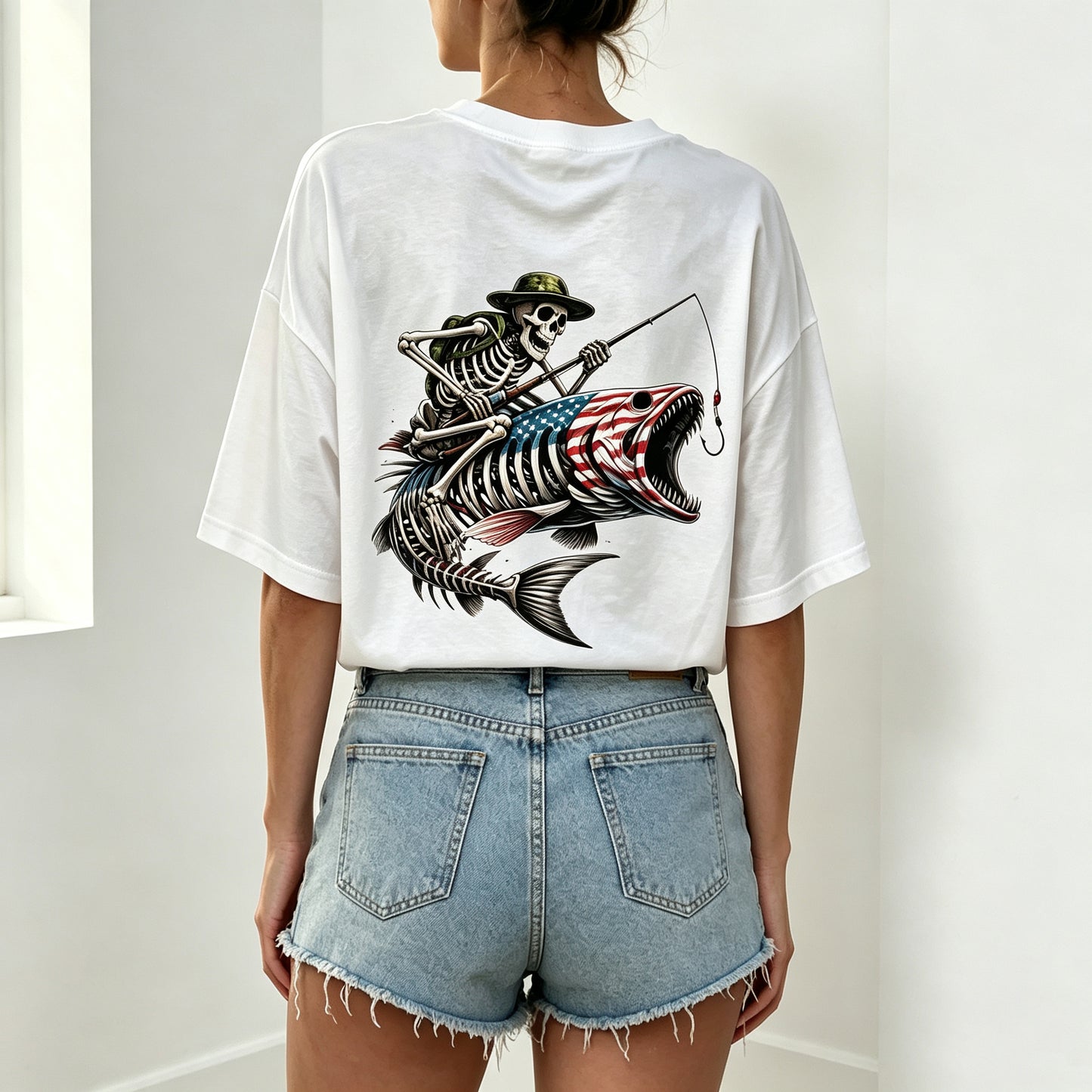 Patriotic Skeleton Fisherman Bass Fish Graphic Oversized T-Shirt