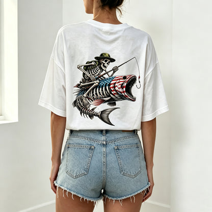 Patriotic Skeleton Fisherman Bass Fish Graphic Oversized T-Shirt
