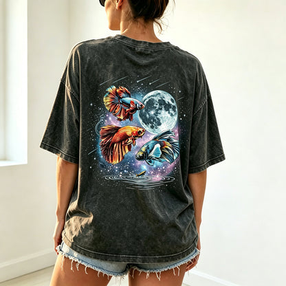 Moon Galaxy Watercolor Betta Fish Full Back Print Unisex Tee