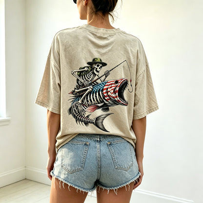 Patriotic Skeleton Fisherman Bass Fish Graphic Oversized T-Shirt