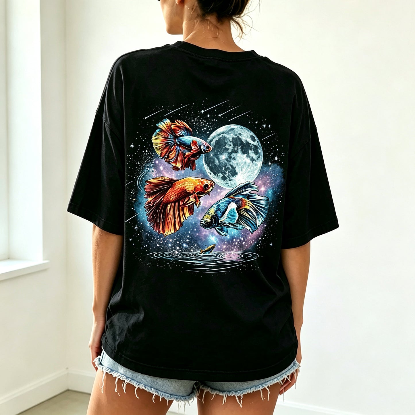 Moon Galaxy Watercolor Betta Fish Full Back Print Unisex Tee