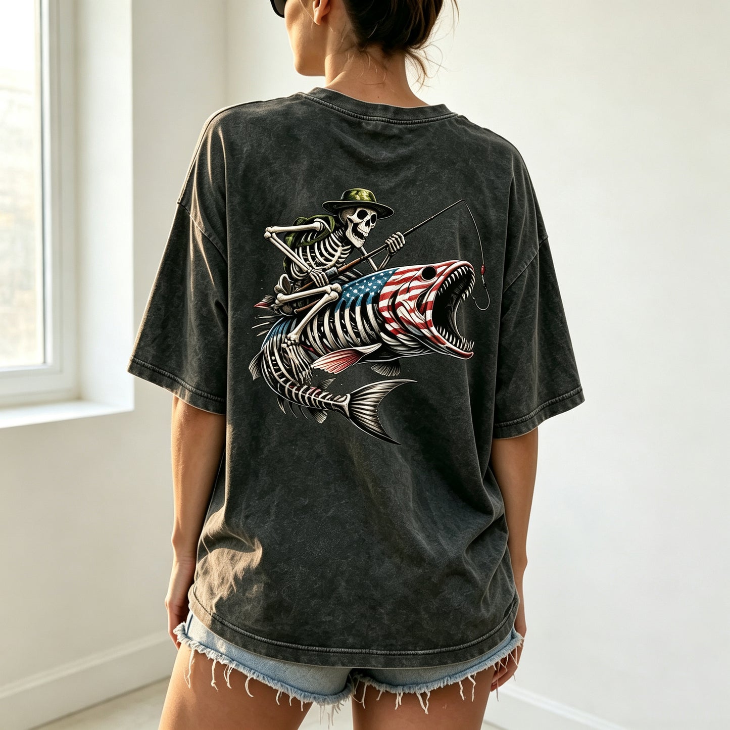 Patriotic Skeleton Fisherman Bass Fish Graphic Oversized T-Shirt