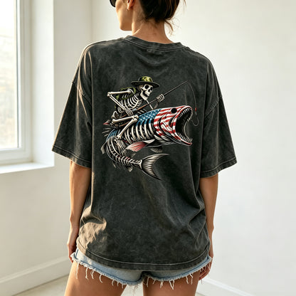 Patriotic Skeleton Fisherman Bass Fish Graphic Oversized T-Shirt
