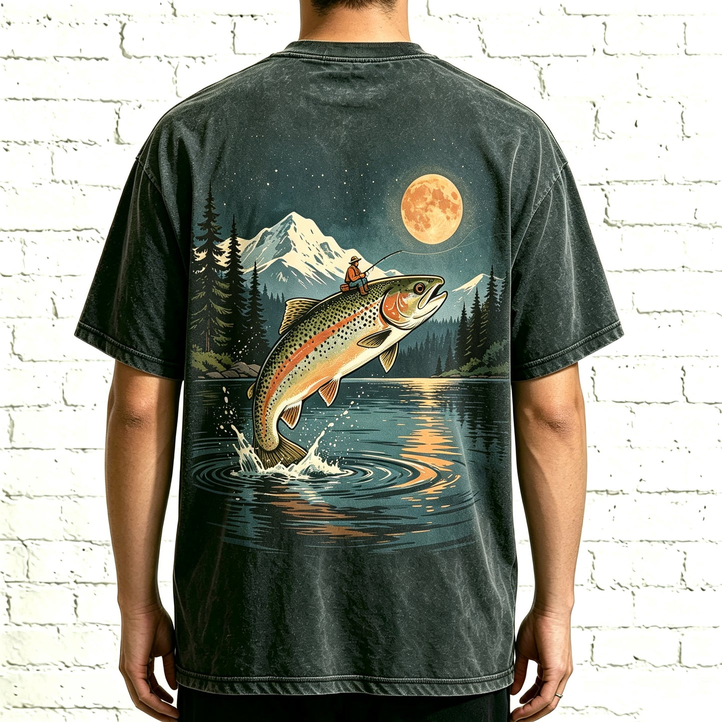 Night Mountain Full Moon Trout Fisherman Vintage Fishing Graphic T-Shirt