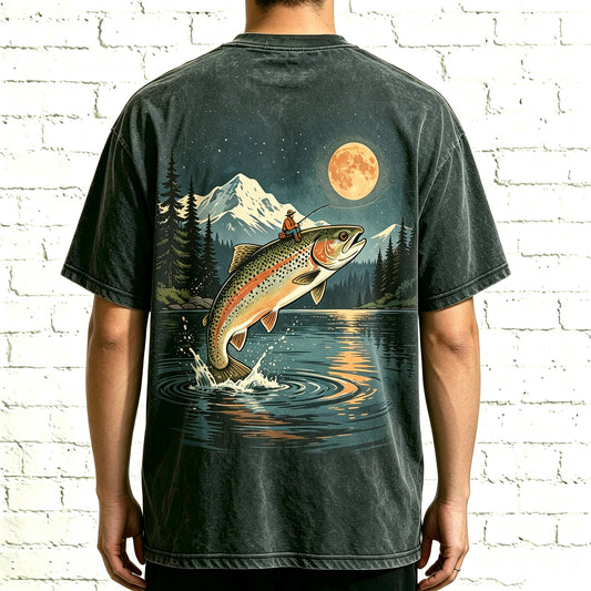 Night Mountain Full Moon Trout Fisherman Vintage Fishing Graphic T-Shirt