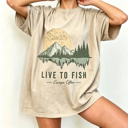 Live To Fish Escape Often Mountain Lake Fishing Graphic T-Shirt