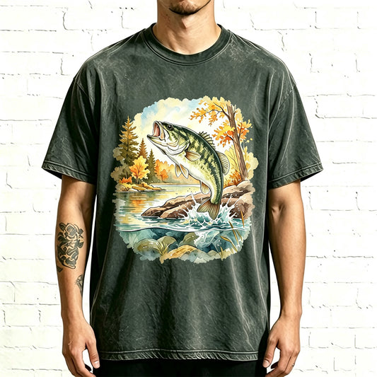 Circular Autumn Creek Bass Watercolor Fishing Oversized Tee