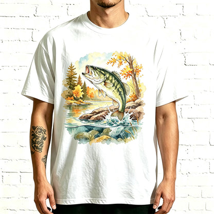 Circular Autumn Creek Bass Watercolor Fishing Oversized Tee