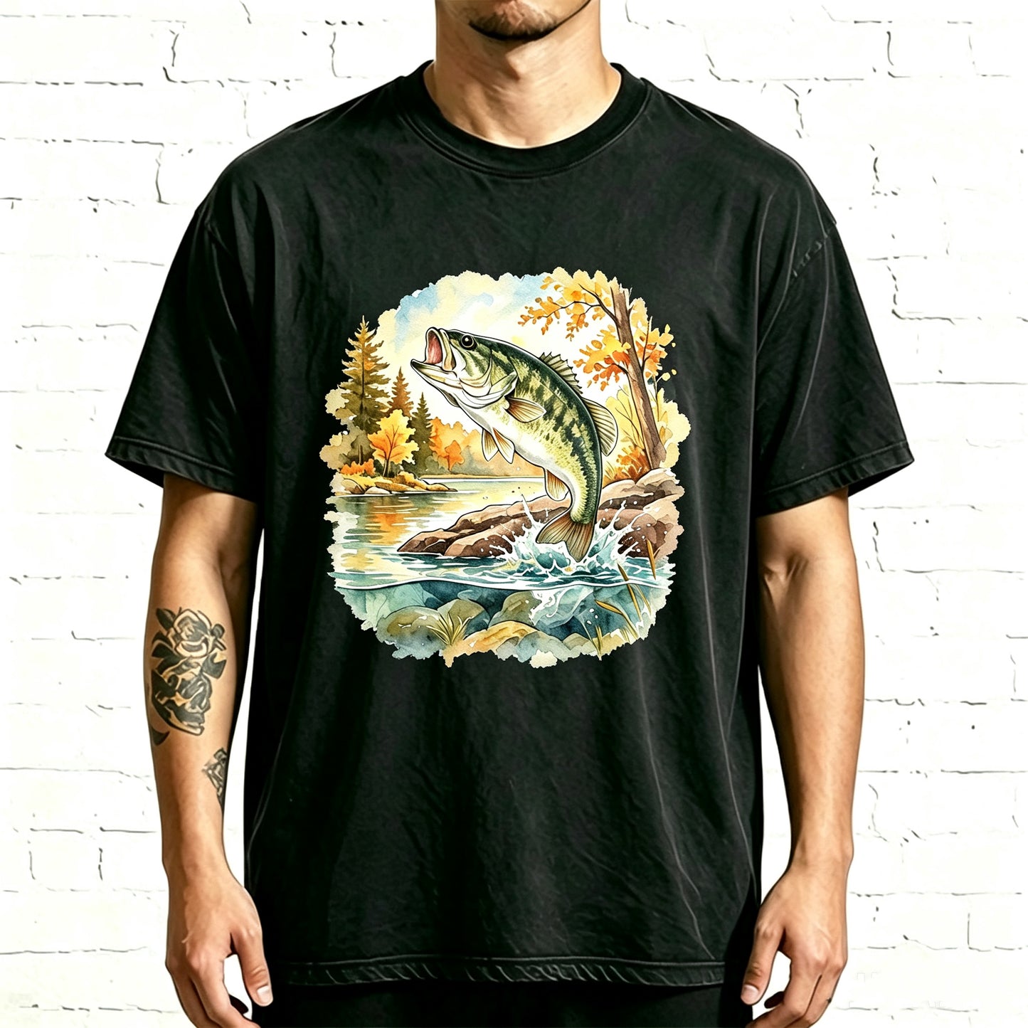 Circular Autumn Creek Bass Watercolor Fishing Oversized Tee
