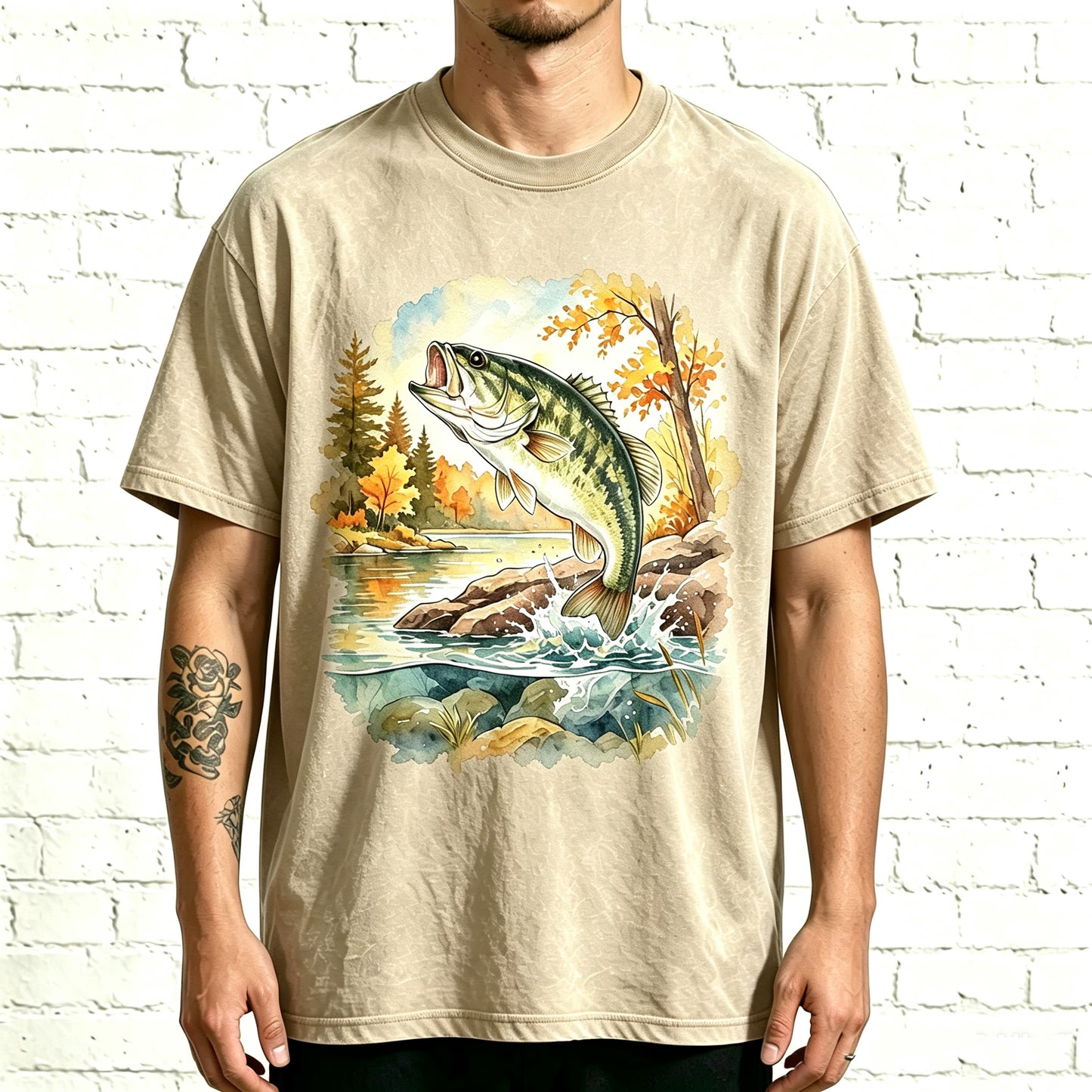 Circular Autumn Creek Bass Watercolor Fishing Oversized Tee