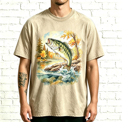 Circular Autumn Creek Bass Watercolor Fishing Oversized Tee