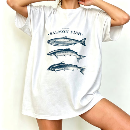 Minimal Vintage Line Art Set Of Salmon Fish Graphic T-Shirt