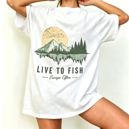 Live To Fish Escape Often Mountain Lake Fishing Graphic T-Shirt