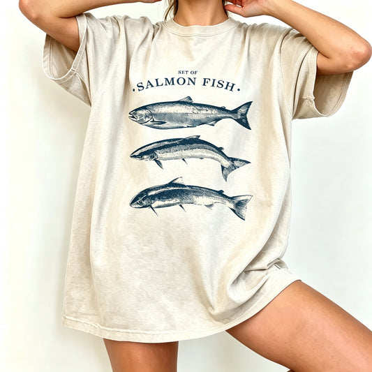 Minimal Vintage Line Art Set Of Salmon Fish Graphic T-Shirt