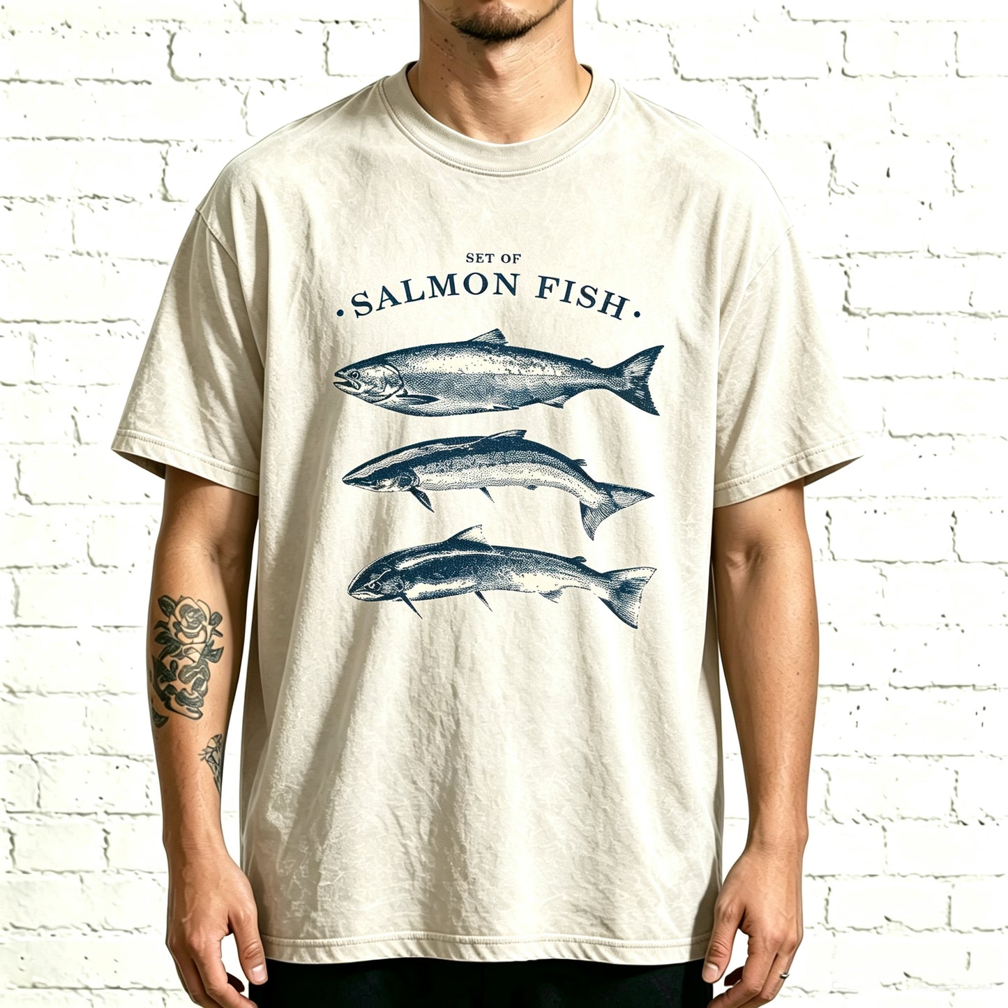 Minimal Vintage Line Art Set Of Salmon Fish Graphic T-Shirt