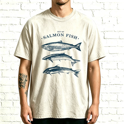 Minimal Vintage Line Art Set Of Salmon Fish Graphic T-Shirt