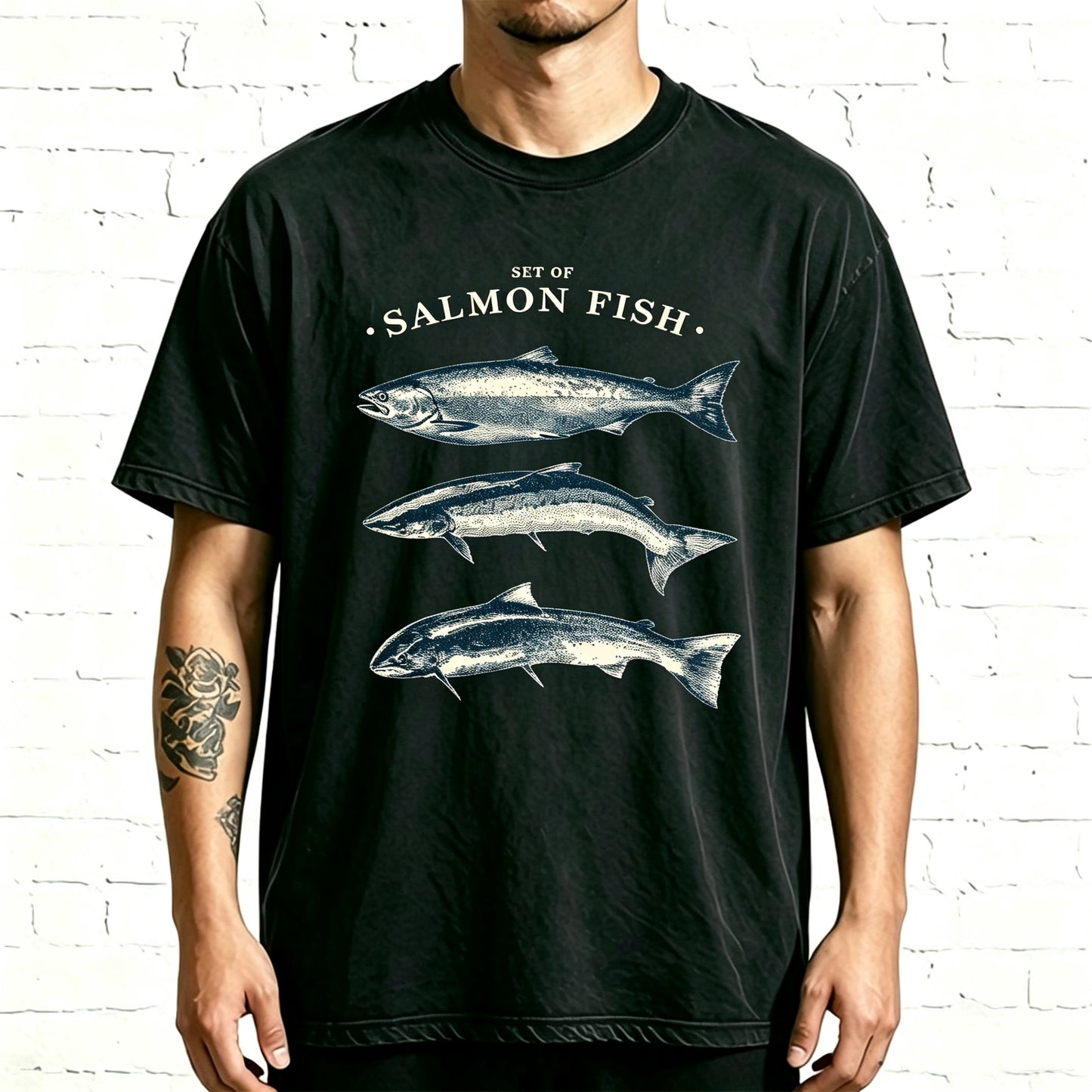 Minimal Vintage Line Art Set Of Salmon Fish Graphic T-Shirt