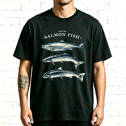 Minimal Vintage Line Art Set Of Salmon Fish Graphic T-Shirt