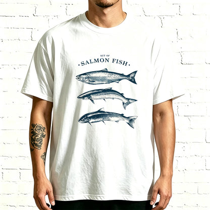 Minimal Vintage Line Art Set Of Salmon Fish Graphic T-Shirt