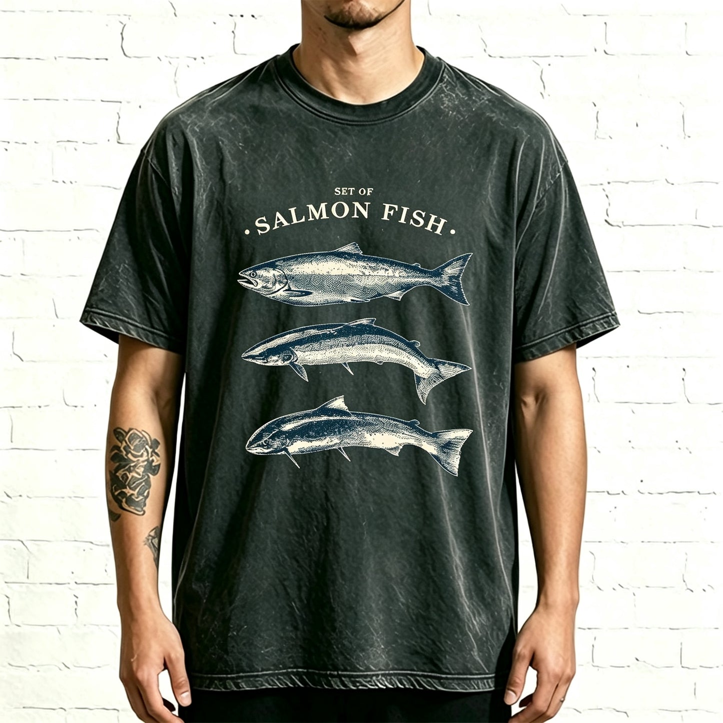 Minimal Vintage Line Art Set Of Salmon Fish Graphic T-Shirt