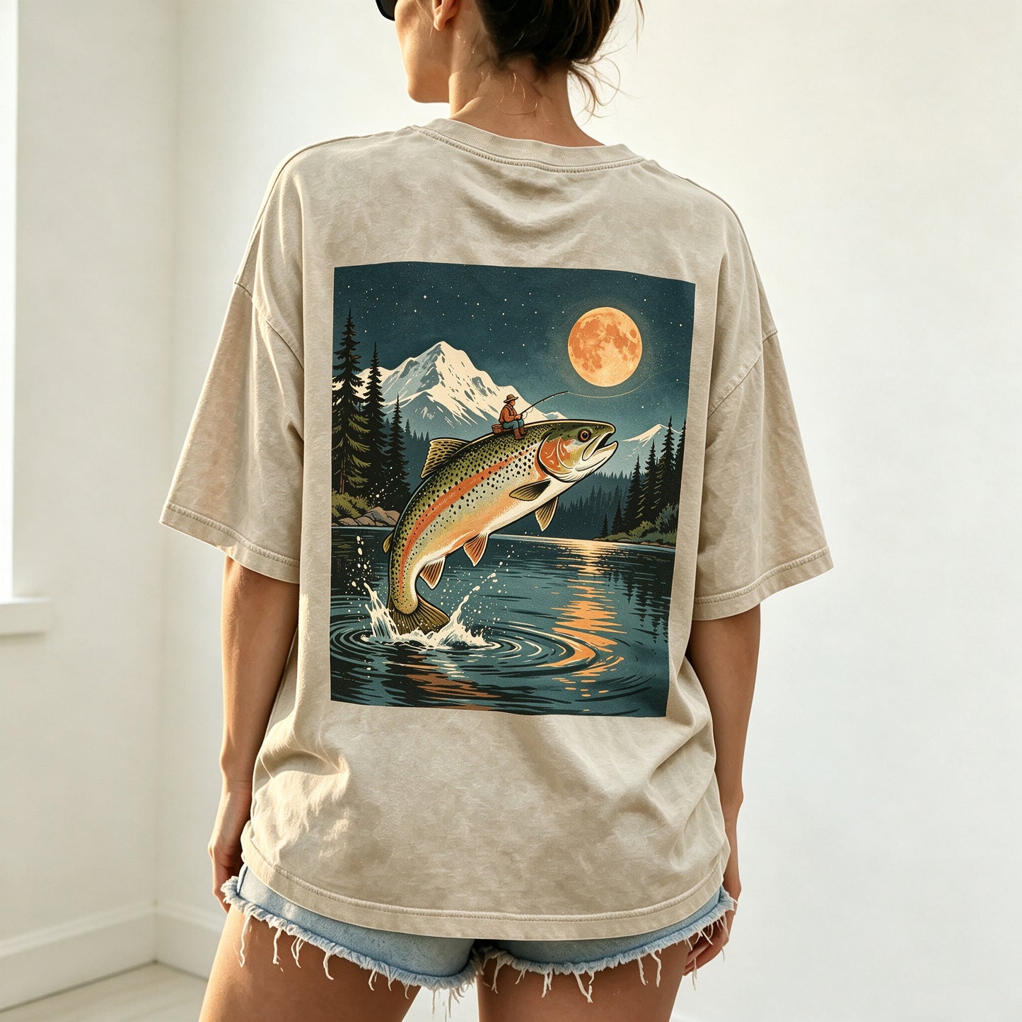 Night Mountain Full Moon Trout Fisherman Vintage Fishing Graphic T-Shirt