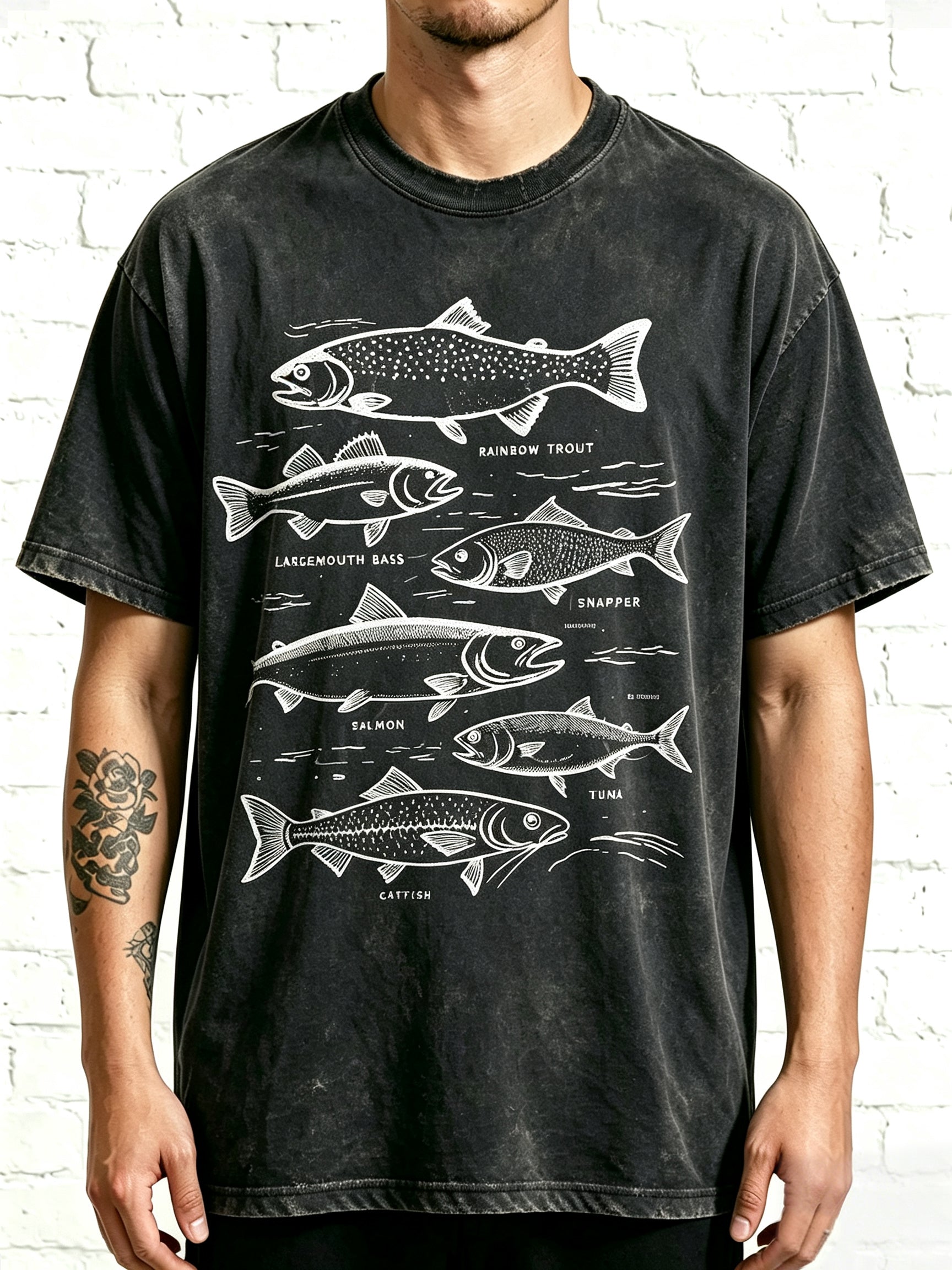 Vintage Fishing Species Chart Rainbow Trout Bass Salmon Graphic Tee