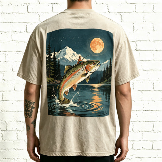 Night Mountain Full Moon Trout Fisherman Vintage Fishing Graphic T-Shirt