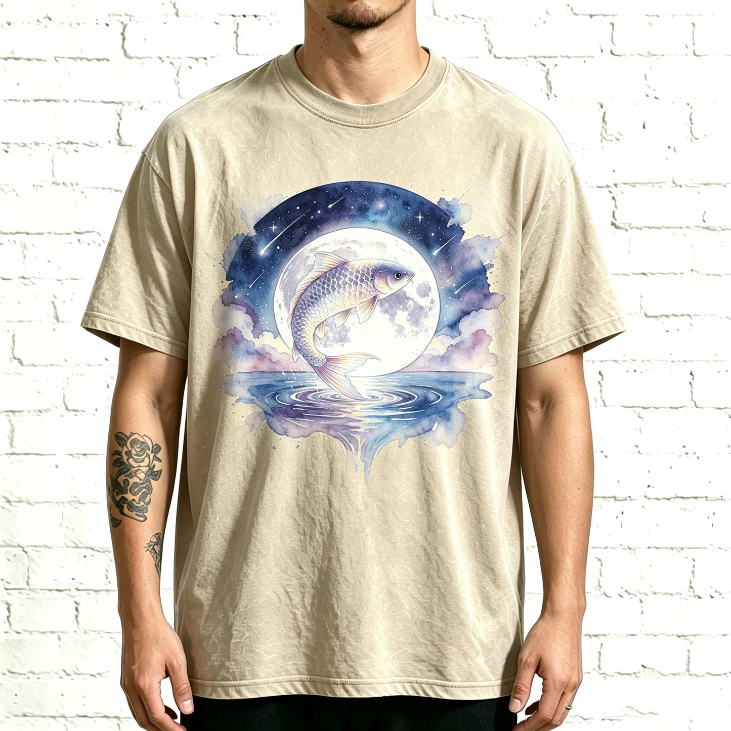 Vintage Starry Night Koi Over Full Moon Lake Fisherman Shirt