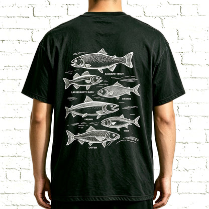 Retro Line Art Fish Identification Chart Oversized Back Print Fisherman Tee
