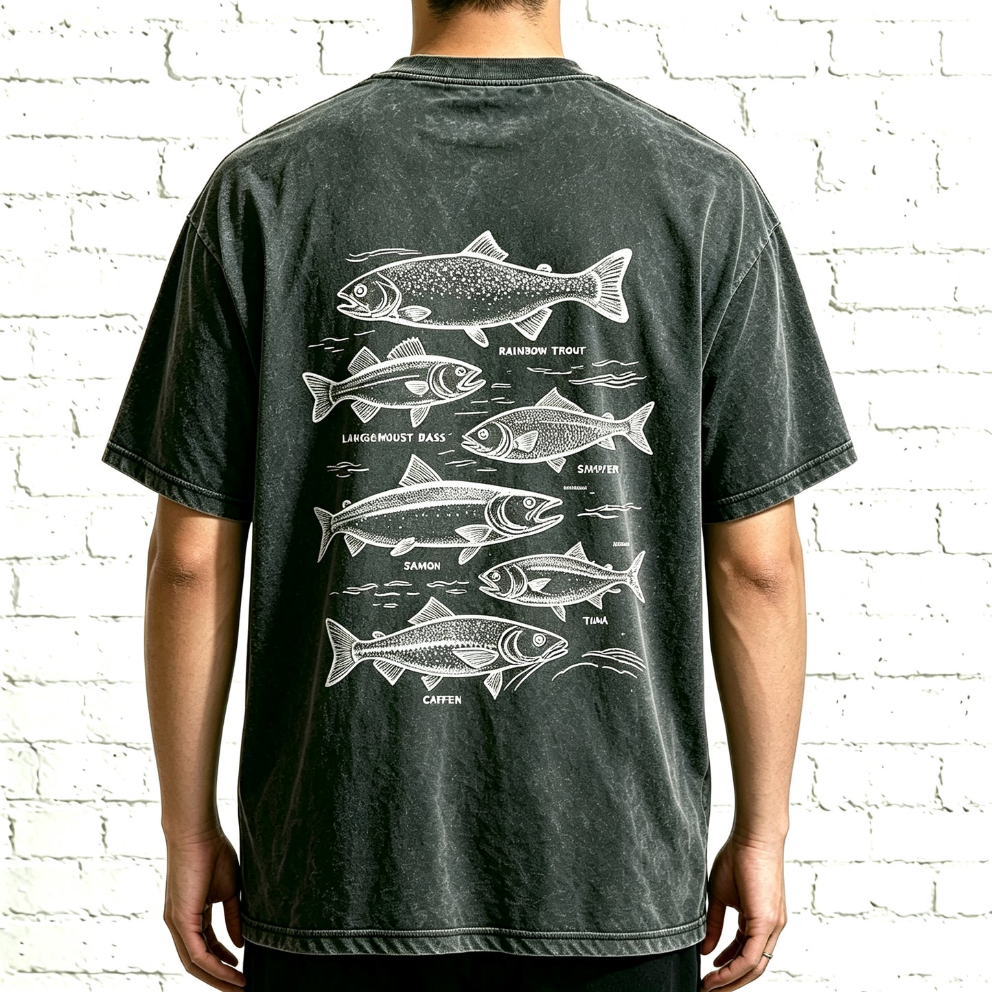 Retro Line Art Fish Identification Chart Oversized Back Print Fisherman Tee