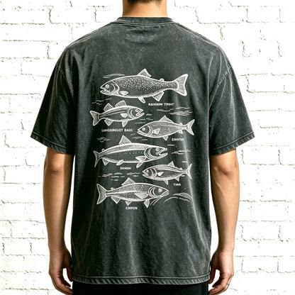 Retro Line Art Fish Identification Chart Oversized Back Print Fisherman Tee
