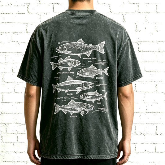 Retro Line Art Fish Identification Chart Oversized Back Print Fisherman Tee