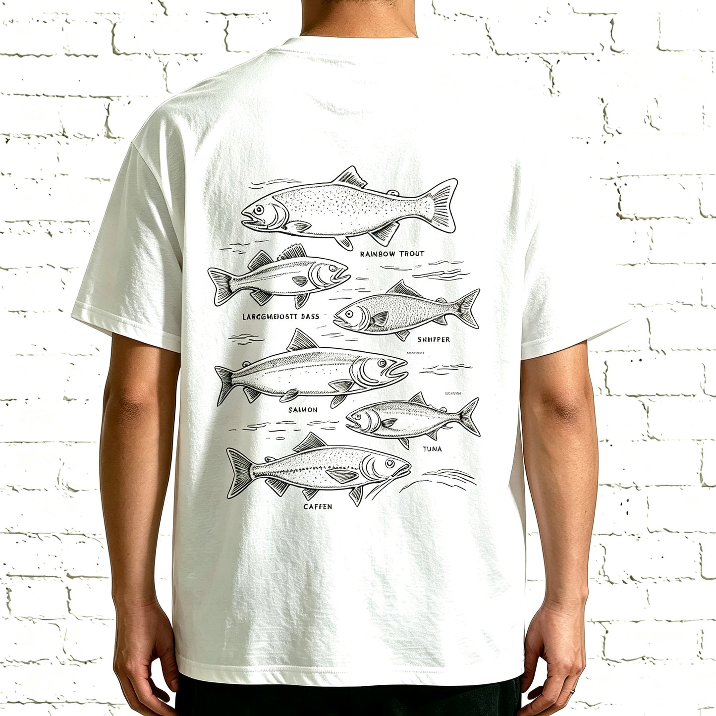 Retro Line Art Fish Identification Chart Oversized Back Print Fisherman Tee