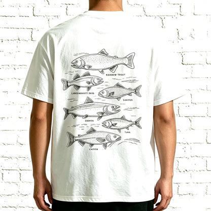 Retro Line Art Fish Identification Chart Oversized Back Print Fisherman Tee