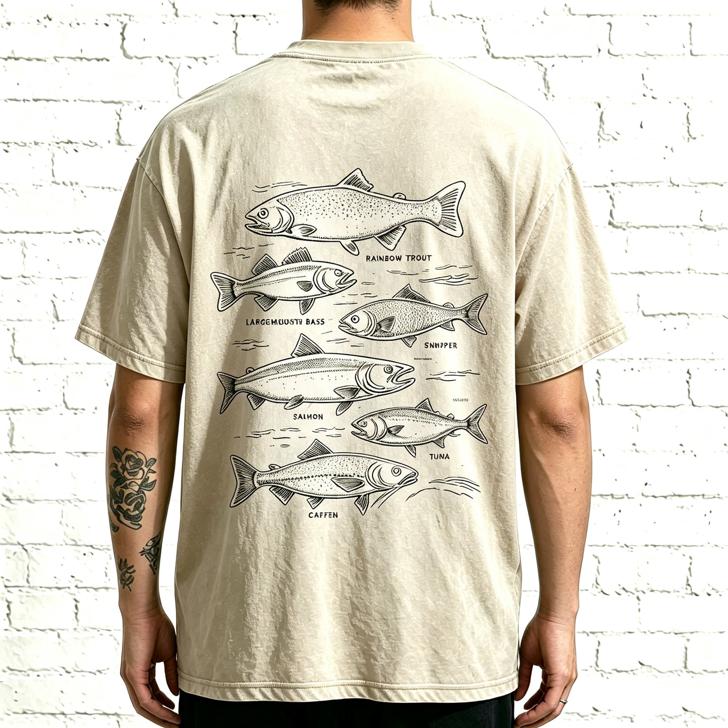 Retro Line Art Fish Identification Chart Oversized Back Print Fisherman Tee