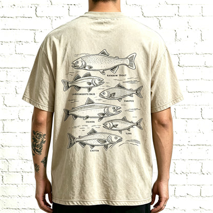 Retro Line Art Fish Identification Chart Oversized Back Print Fisherman Tee