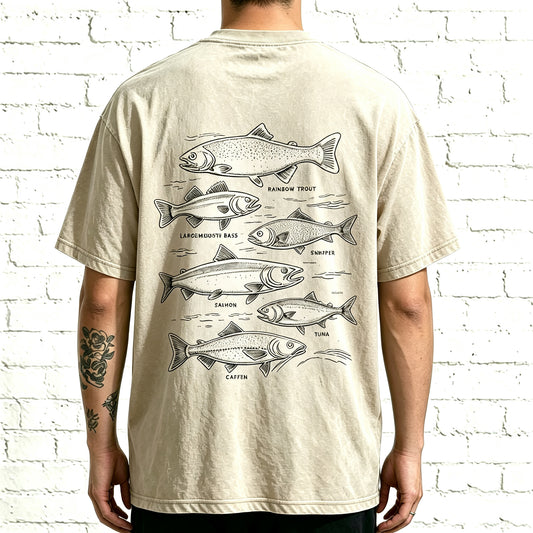 Retro Line Art Fish Identification Chart Oversized Back Print Fisherman Tee