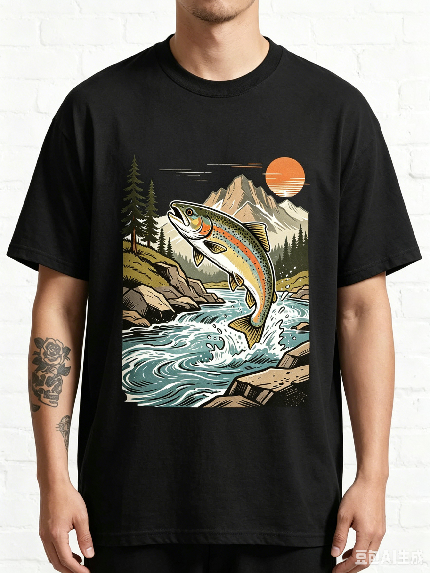 Retro Jumping Rainbow Trout River Sunset Fishing Graphic T-Shirt
