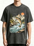 Retro Jumping Rainbow Trout River Sunset Fishing Graphic T-Shirt