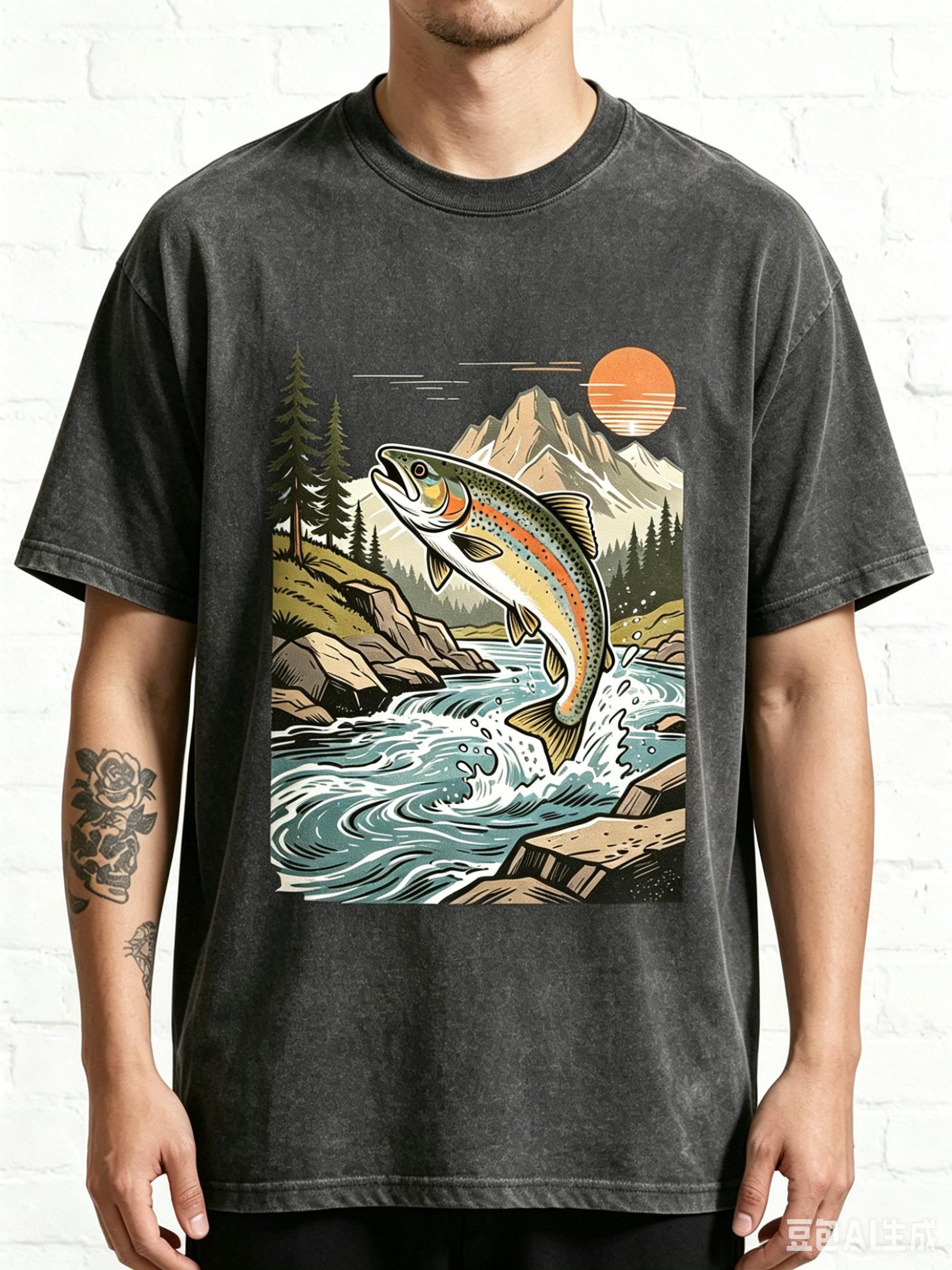 Retro Jumping Rainbow Trout River Sunset Fishing Graphic T-Shirt