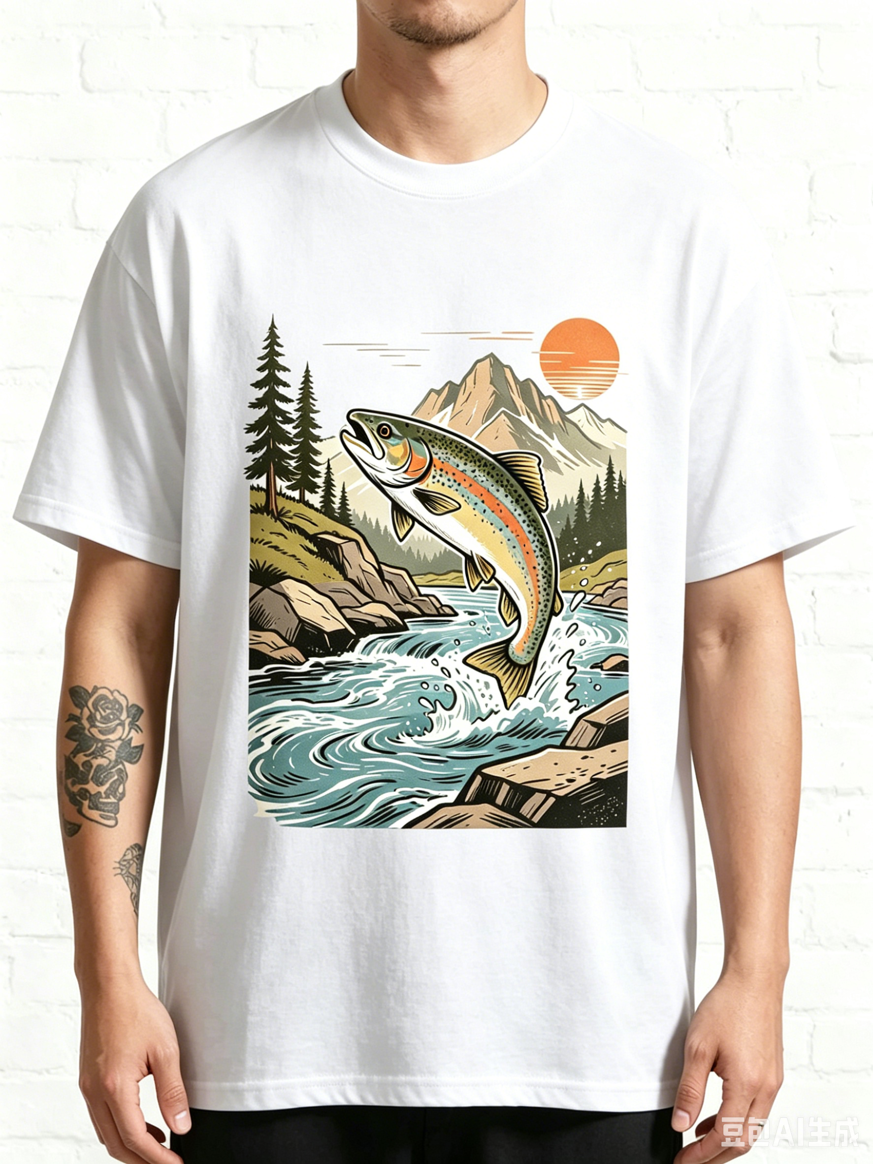 Retro Jumping Rainbow Trout River Sunset Fishing Graphic T-Shirt