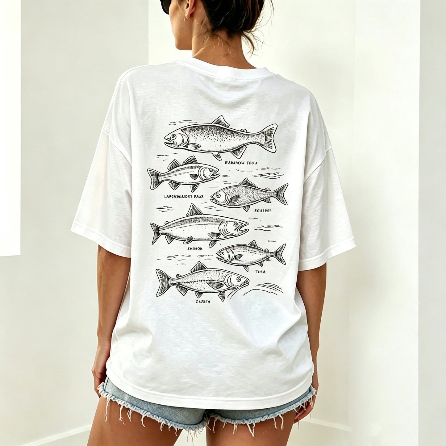 Retro Line Art Fish Identification Chart Oversized Back Print Fisherman Tee