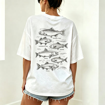 Retro Line Art Fish Identification Chart Oversized Back Print Fisherman Tee