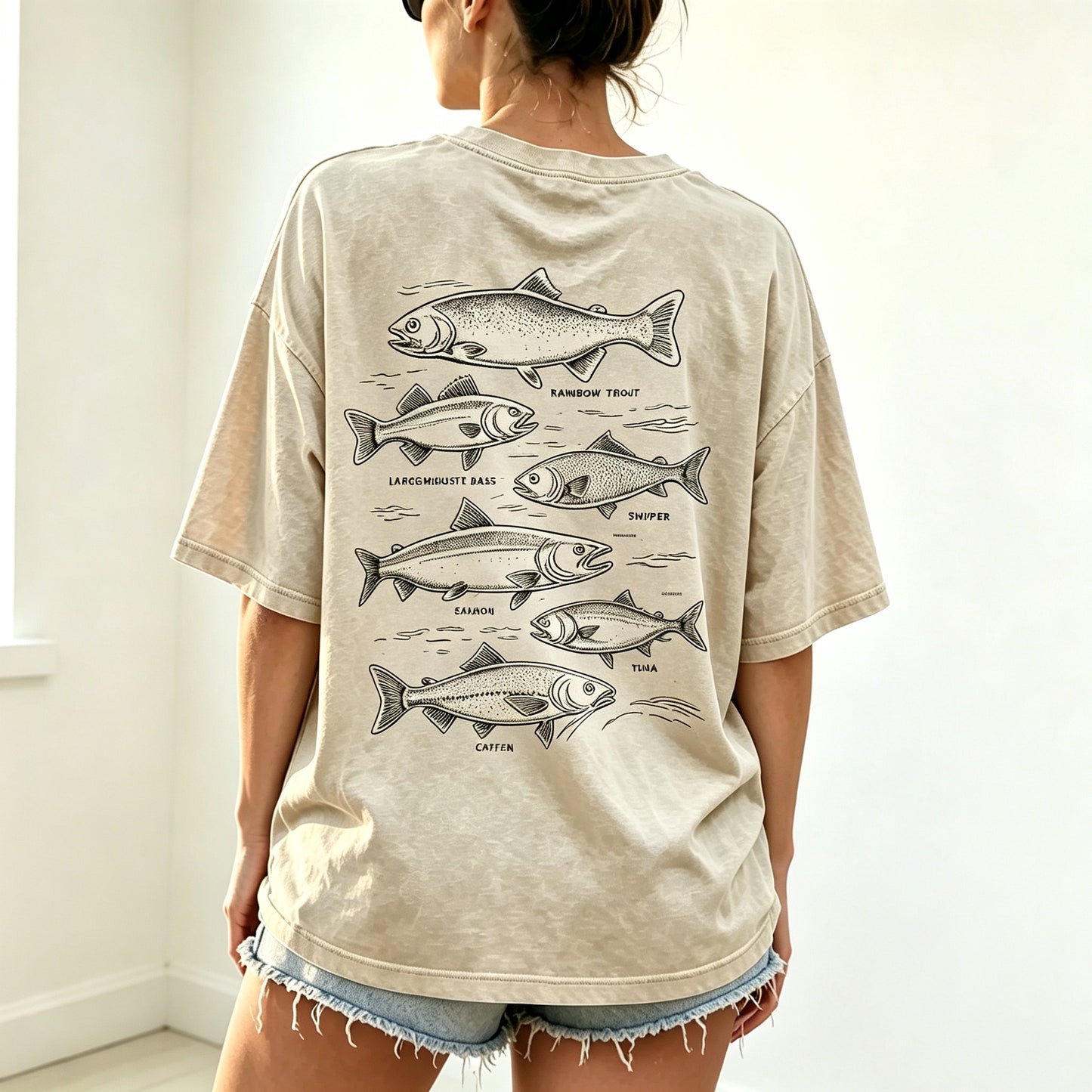 Retro Line Art Fish Identification Chart Oversized Back Print Fisherman Tee